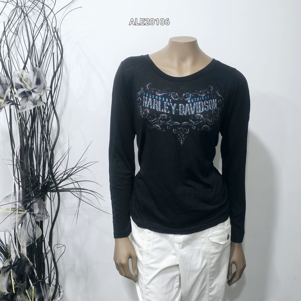 Harley-Davidson women's black translucent long-sleeved t-shirt rhinestone Large